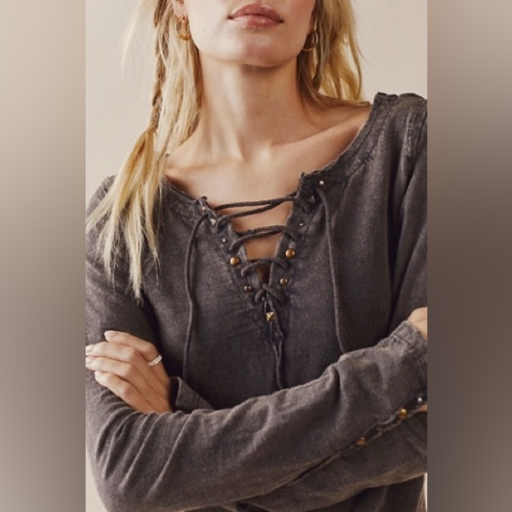 We the Free - Into The Night Laceup Cotton T-shirt - Gray - Large - Free People